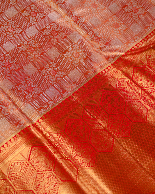 Red and Gold Pure Tissue Silk Saree with Checks, Floral Motifs & Honeycomb Inspired Border
