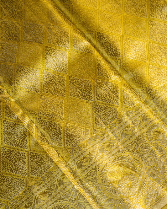 Lemon Yellow-Gold Tissue Pure Silk Saree with Diamond Weave & Turning Border