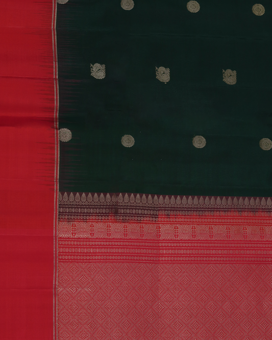Coral Red & Deep Green Pure Silk Saree with Zari Butta