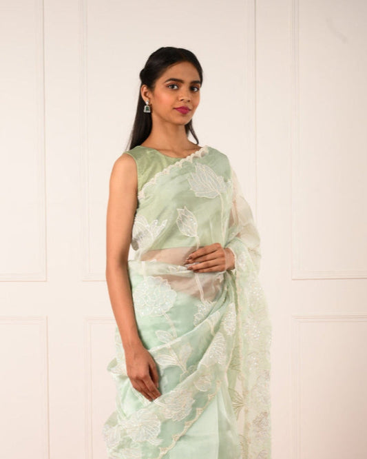 Noor-e-Gul - Mint Green Floral Glass Tissue Saree with Pearl & Sequin Embellishments