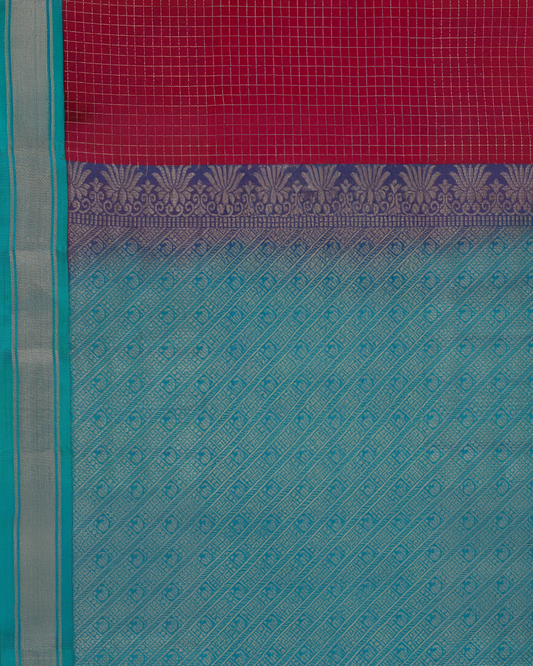Teal and Red Checkered Pure Silk Saree with Zari Elegant Motifs
