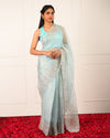 Nuraani – Blue Tissue Saree with Floral Thread Embroidery & Sequin Accents