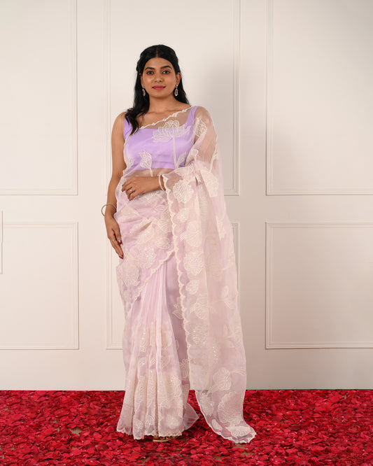 Noor-e-Gul - Lilac Floral Glass Tissue Saree with Pearl & Sequin Embellishments