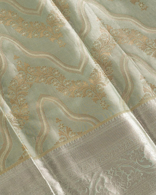 Pastel Green Pure Tissue Silk Saree with Light Gold Motifs and Silver Border