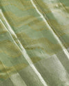 Light Green Tissue Silk Saree with Floral Wave Motifs in Gold Zari and Silver Border