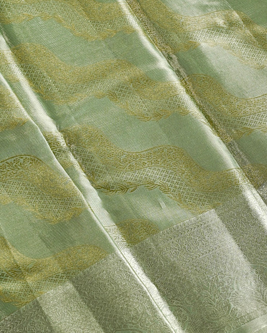 Light Green Tissue Silk Saree with Floral Wave Motifs in Gold Zari and Silver Border