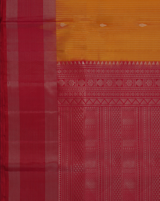 Fiery Vermilion and Marigold Pure Silk Saree with Traditional Zari Geometry