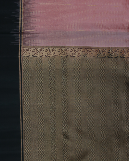 Pastel Pink Handloom Soft Silk Saree with Raindrop Motifs & Dark Green Contrast Border