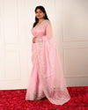 Nuraani – Pink Tissue Saree with Floral Thread Embroidery & Sequin Accents