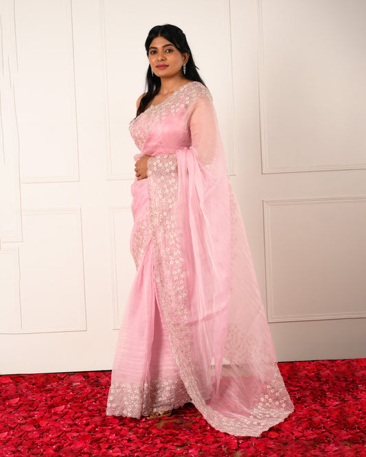 Nuraani – Pink Tissue Saree with Floral Thread Embroidery & Sequin Accents