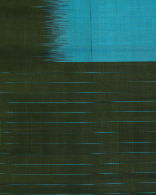 Deep Sea Blue Pure Handloom Silk Saree with Green Contrast Border & Striped Pallu