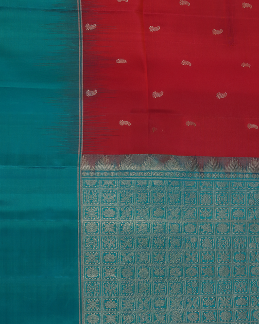 Teal Green & Vermilion Red Pure Silk Saree with Zari Butta