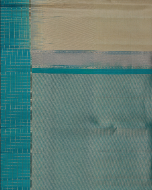 Beige Handloom Silk Saree with Teal Checks Border & Pallu