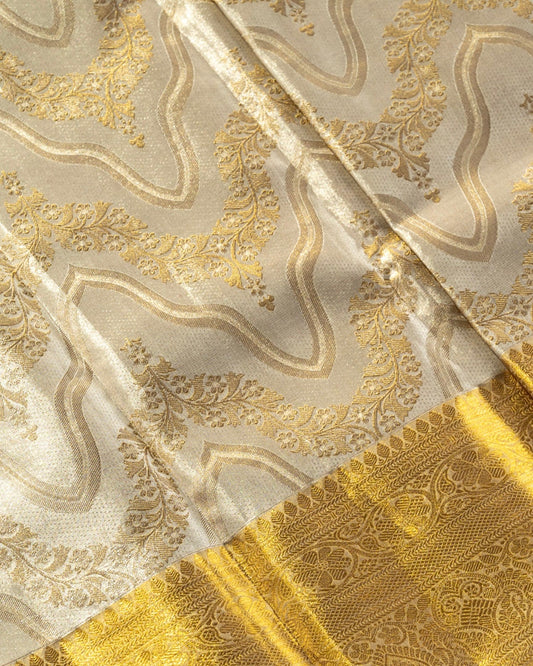 Silver Pure Tissue Silk Saree with Gold Border and Contemporary Motifs