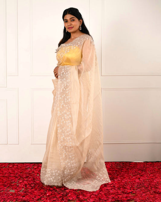 Nuraani – Golden Tissue Saree with Floral Thread Embroidery & Sequin Accents