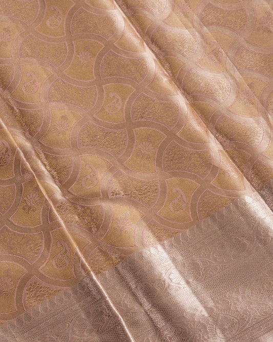 Silver Pure Tissue Silk Saree with Gold Zari Motifs, Silver Border & Pastel Pink Blouse