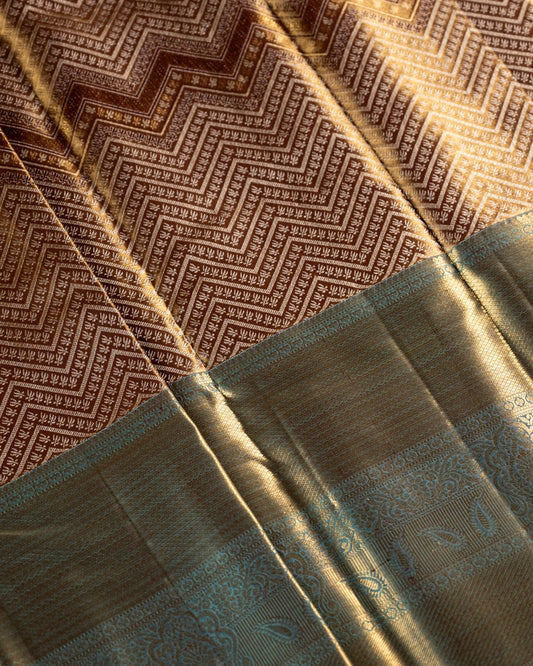Brown Pure Tissue Silk Brocade Saree with Geometric Border & Rich Pallu