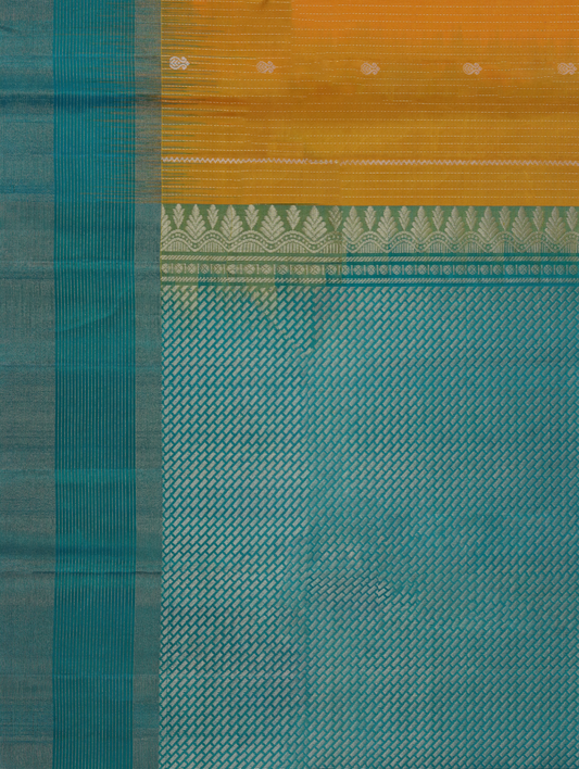 Emerald Green and Mango Yellow Pure Silk Saree with Leaf Motif