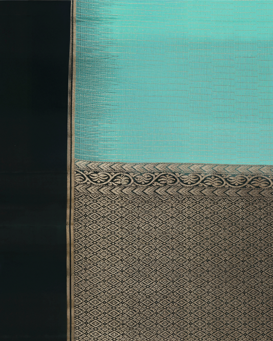 Light Green Handloom Soft Silk Saree with Subtle Stripes & Dark Green Contrast Pallu