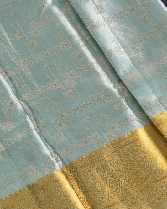 Pastel Blue Pure Tissue Silk Saree with Silver Geometric Weave and Gold Border