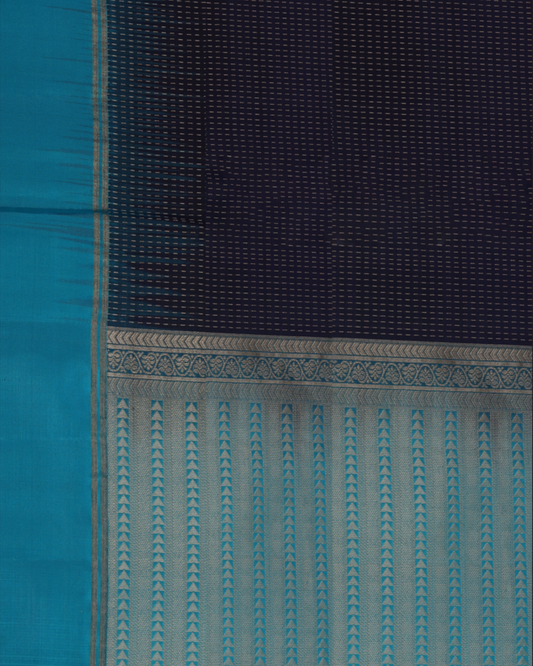Black Handloom Soft Silk Saree with Aqua Blue Contrast Pallu & Geometric Zari Detailing
