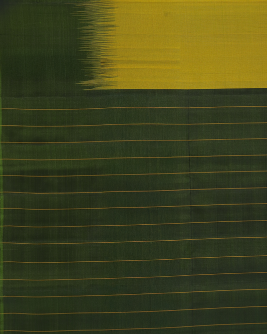 Vibrant Yellow Pure Handloom Silk Saree with Deep Green Contrast Border & Striped Pallu