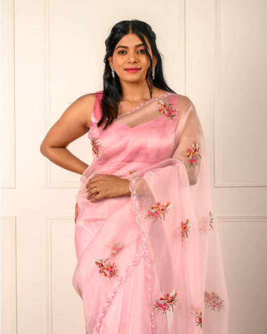 HUM – Blush Pink Organza Saree with Floral Embroidery and Scalloped Pearl Border