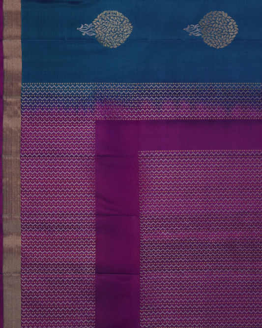 Dual-Tone Pure Silk Saree in Purple and Teal with Bold Zari Motifs