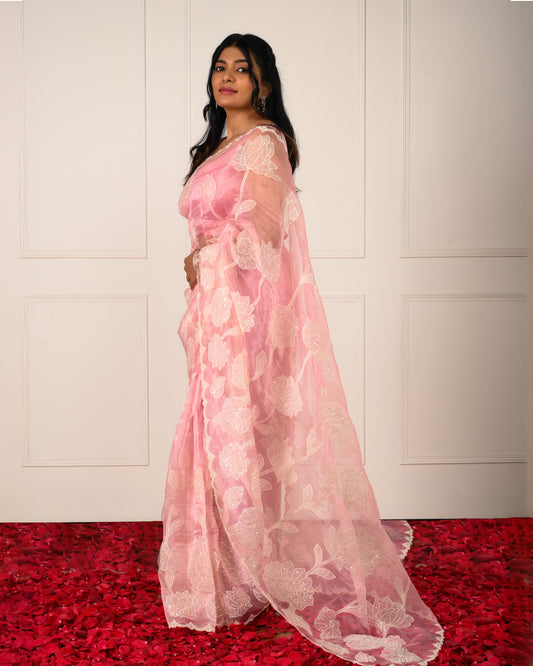 Noor-e-Gul - Pastel Pink Floral Glass Tissue Saree with Pearl & Sequin Embellishments