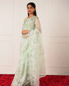 Noor-e-Gul - Mint Green Floral Glass Tissue Saree with Pearl & Sequin Embellishments