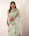 HUM – Sage Green Organza Saree with Floral Embroidery and Scalloped Pearl Border