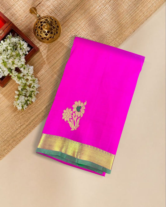 Pink Silk Saree with Floral Buttis, Small Green Border & Contrast Pallu