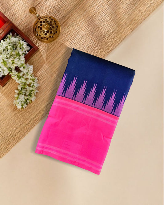 Navy Blue Silk Saree with Pink Temple Border & Contrast Pallu