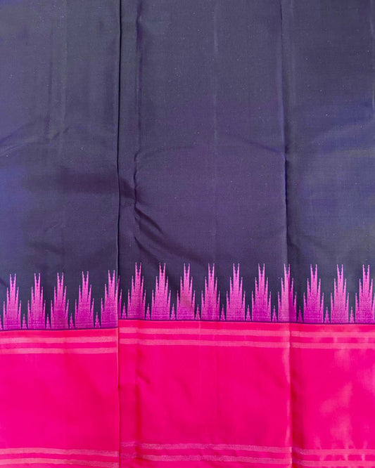 Navy Blue Silk Saree with Pink Temple Border & Contrast Pallu