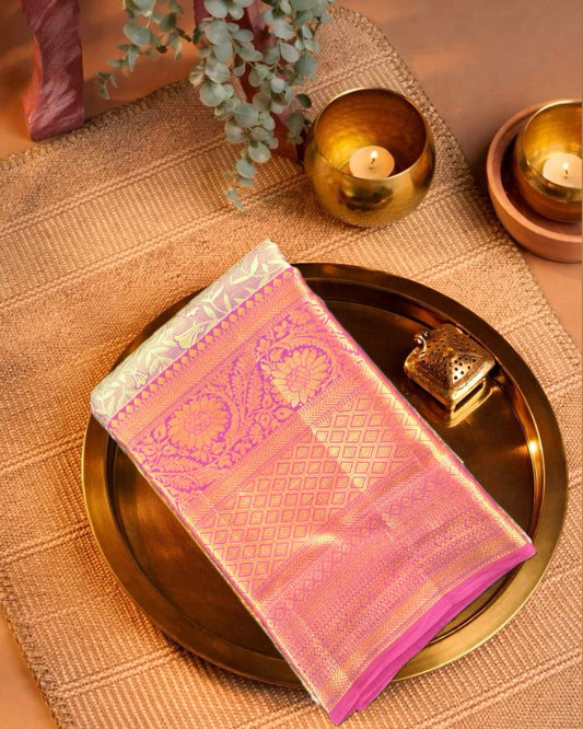 Lavender Gold Tissue Silk Saree with Floral Weave, Pink Border & Rich Pallu