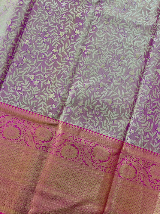 Lavender Gold Tissue Silk Saree with Floral Weave, Pink Border & Rich Pallu