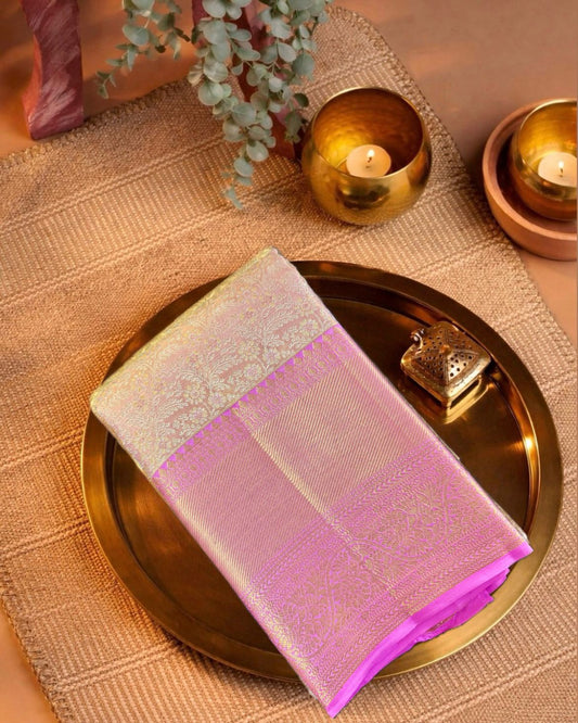 Pink Pure Silk Saree with Intricate Gold Brocade Body, Statement Border & Rich Pallu