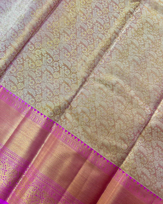 Pink Pure Silk Saree with Intricate Gold Brocade Body, Statement Border & Rich Pallu