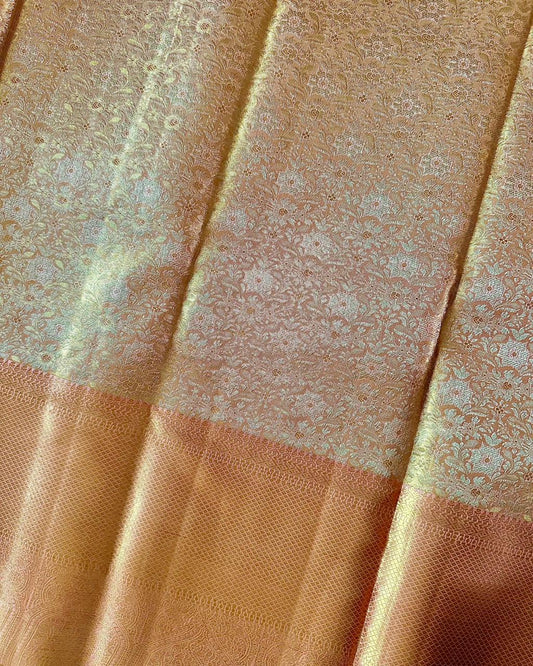 Peach Pure Silk Saree with Intricate Gold Brocade Body, Statement Border & Rich Pallu