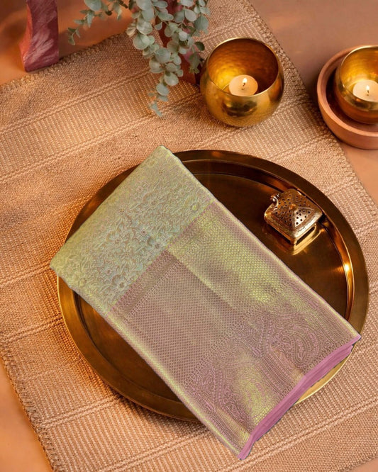 Peach Pure Silk Saree with Intricate Gold Brocade Body, Statement Border & Rich Pallu