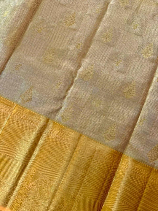 Gold Pure Silk Saree with Square Pattern & Cashew Motifs, Statement Border & Rich Pallu