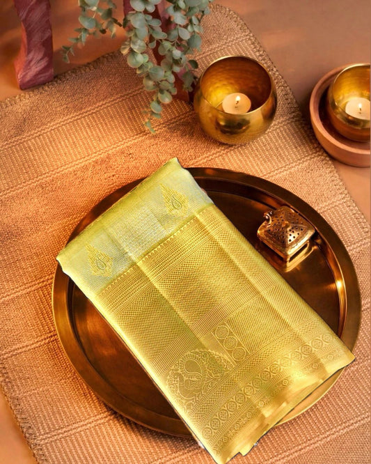 Gold Pure Silk Saree with Square Pattern & Cashew Motifs, Statement Border & Rich Pallu