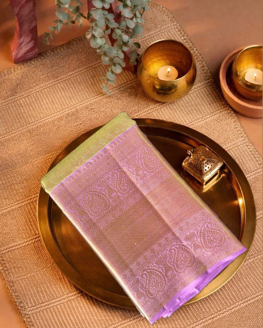 Lavender & Gold Pure Silk Saree with Bold Floral Weave, Statement Border & Rich Pallu