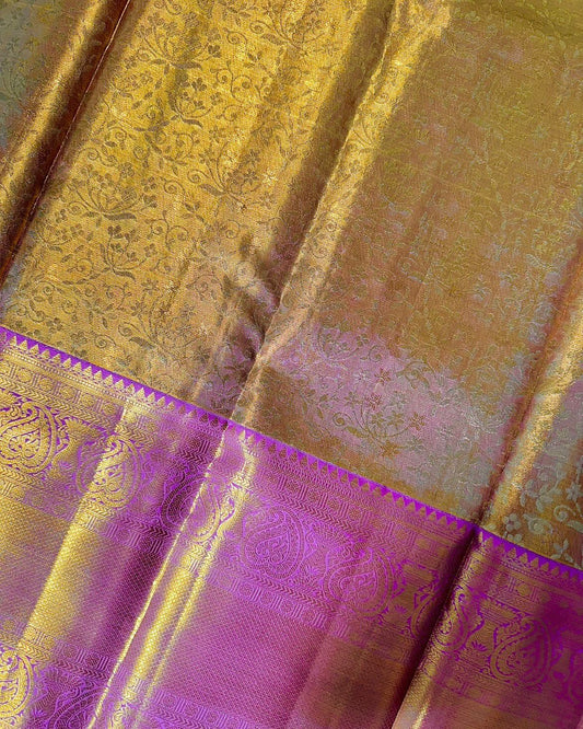 Lavender & Gold Pure Silk Saree with Bold Floral Weave, Statement Border & Rich Pallu