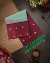 Dark Brown Handloom Soft Silk Saree with Checks body, Contrast Green Border & Rich Pallu