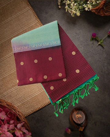 Dark Brown Handloom Soft Silk Saree with Checks body, Contrast Green Border & Rich Pallu