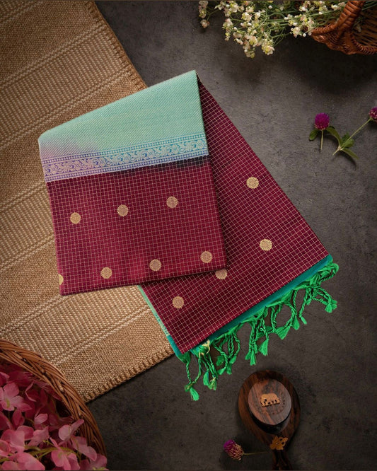 Dark Brown Handloom Soft Silk Saree with Checks body, Contrast Green Border & Rich Pallu