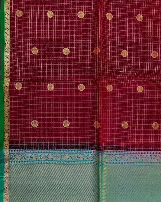 Dark Brown Handloom Soft Silk Saree with Checks body, Contrast Green Border & Rich Pallu