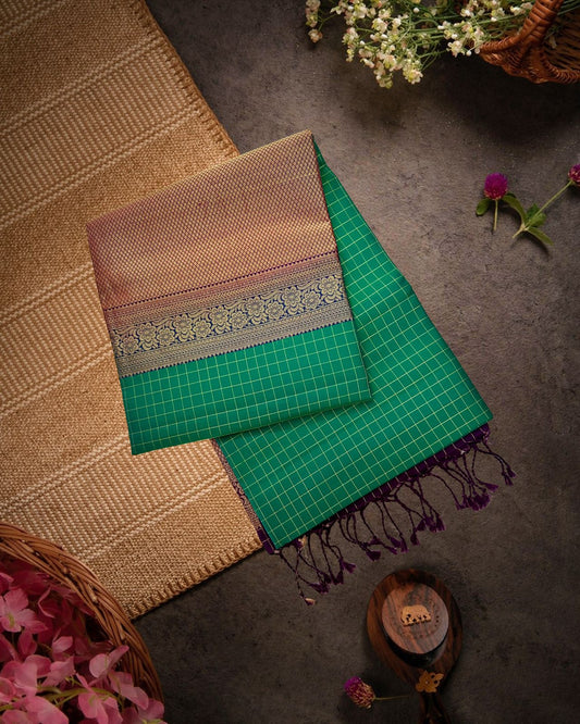 Bottle Green Handloom Soft Silk Saree with Checks, Contrast Purple Pallu & Piping Border