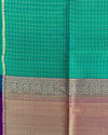Bottle Green Handloom Soft Silk Saree with Checks, Contrast Purple Pallu & Piping Border